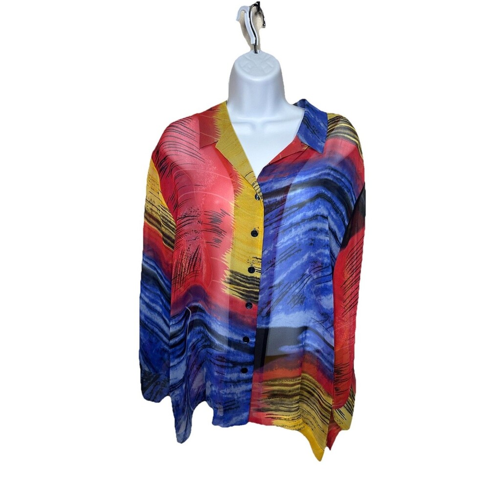 Chico's Design Modern Silk Blouse Shirt Sz 3 Button Long Sleeve Sheer VTG Color